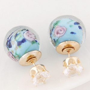 Porcelain Texture Abstract Flowers Ball with Rhinestone Decorated Fashion Ear Studs - Blue