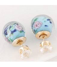 Porcelain Texture Abstract Flowers Ball with Rhinestone Decorated Fashion Ear Studs - Blue