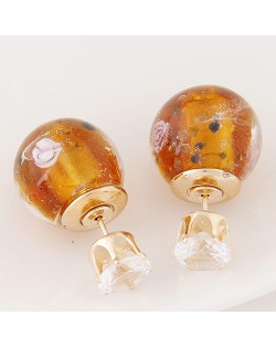 Porcelain Texture Abstract Flowers Ball with Rhinestone Decorated Fashion Ear Studs - Amber