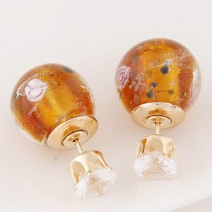 Porcelain Texture Abstract Flowers Ball with Rhinestone Decorated Fashion Ear Studs - Amber