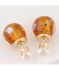 Porcelain Texture Abstract Flowers Ball with Rhinestone Decorated Fashion Ear Studs - Amber