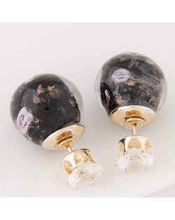Porcelain Texture Abstract Flowers Ball with Rhinestone Decorated Fashion Ear Studs - Black