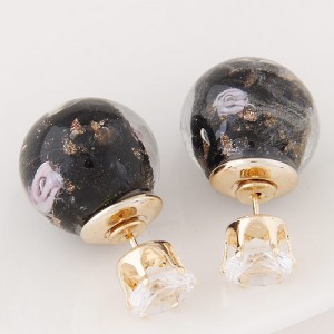 Porcelain Texture Abstract Flowers Ball with Rhinestone Decorated Fashion Ear Studs - Black