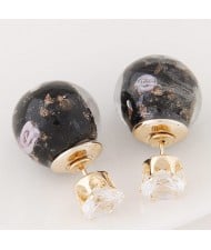 Porcelain Texture Abstract Flowers Ball with Rhinestone Decorated Fashion Ear Studs - Black