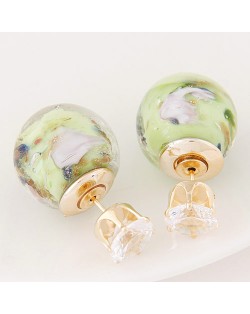 Porcelain Texture Abstract Flowers Ball with Rhinestone Decorated Fashion Ear Studs - Light Green