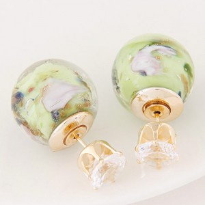 Porcelain Texture Abstract Flowers Ball with Rhinestone Decorated Fashion Ear Studs - Light Green