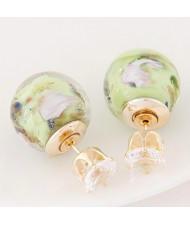 Porcelain Texture Abstract Flowers Ball with Rhinestone Decorated Fashion Ear Studs - Light Green