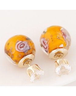 Porcelain Texture Abstract Flowers Ball with Rhinestone Decorated Fashion Ear Studs - Royal Yellow