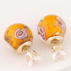 Porcelain Texture Abstract Flowers Ball with Rhinestone Decorated Fashion Ear Studs - Royal Yellow