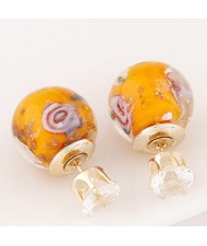 Porcelain Texture Abstract Flowers Ball with Rhinestone Decorated Fashion Ear Studs - Royal Yellow