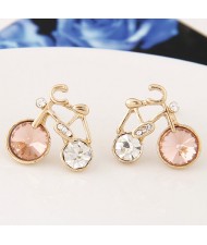 Czech Rhinestone Inlaid Cartoon Bicyle Ear Studs - Champagne