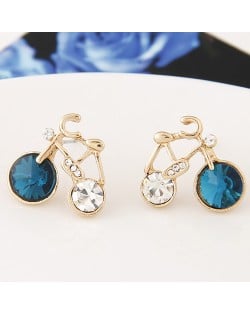 Czech Rhinestone Inlaid Cartoon Bicyle Ear Studs - Ink Blue