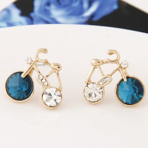 Czech Rhinestone Inlaid Cartoon Bicyle Ear Studs - Ink Blue