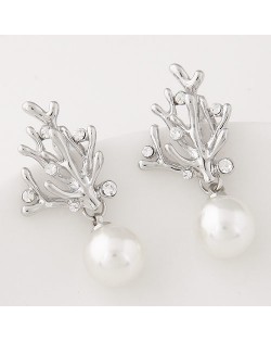 Czech Rhinestone Embellished Silver Coral with Dangling Pearl Fashion Ear Studs