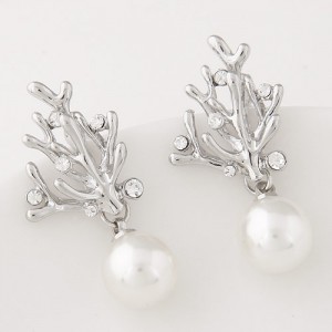 Czech Rhinestone Embellished Silver Coral with Dangling Pearl Fashion Ear Studs