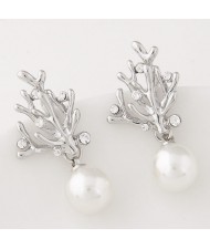 Czech Rhinestone Embellished Silver Coral with Dangling Pearl Fashion Ear Studs