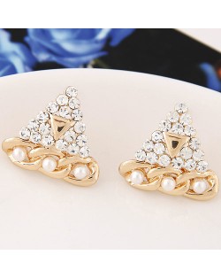 Czech Rhinestone and Pearl Embellished Thick Chain Element Golden Triangle Ear Studs