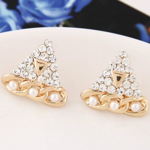 Czech Rhinestone and Pearl Embellished Thick Chain Element Golden Triangle Ear Studs