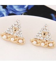 Czech Rhinestone and Pearl Embellished Thick Chain Element Golden Triangle Ear Studs