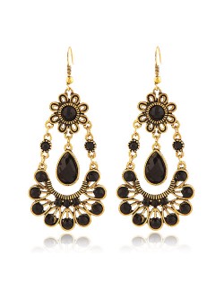 Vintage Sun flower and Hollow Waterdrop Black Gem Design Bohemian Fashion Dangling Earrings