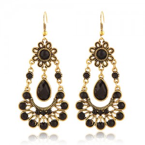Vintage Sun flower and Hollow Waterdrop Black Gem Design Bohemian Fashion Dangling Earrings