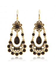 Vintage Sun flower and Hollow Waterdrop Black Gem Design Bohemian Fashion Dangling Earrings