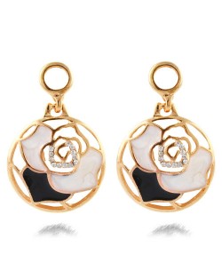 Oil-spot Glazed with Rhinestone Embellished Hollow Rose Round Dangling Fashion Ear Studs - Golden