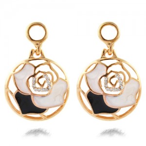 Oil-spot Glazed with Rhinestone Embellished Hollow Rose Round Dangling Fashion Ear Studs - Golden
