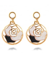Oil-spot Glazed with Rhinestone Embellished Hollow Rose Round Dangling Fashion Ear Studs - Golden