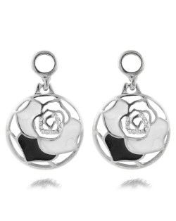 Oil-spot Glazed with Rhinestone Embellished Hollow Rose Round Dangling Fashion Ear Studs - Silver