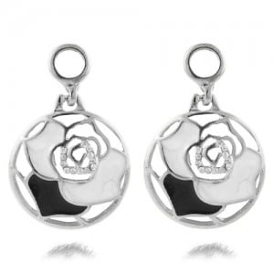 Oil-spot Glazed with Rhinestone Embellished Hollow Rose Round Dangling Fashion Ear Studs - Silver