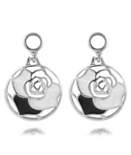 Oil-spot Glazed with Rhinestone Embellished Hollow Rose Round Dangling Fashion Ear Studs - Silver