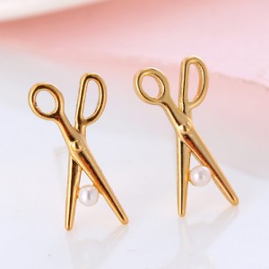 Pearl Inlaid Mini Scissors Design Copper Ear Studs - Golden