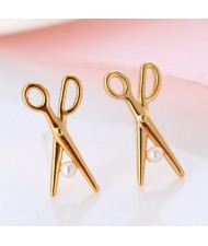 Pearl Inlaid Mini Scissors Design Copper Ear Studs - Golden