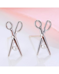 Pearl Inlaid Mini Scissors Design Copper Ear Studs - Silver