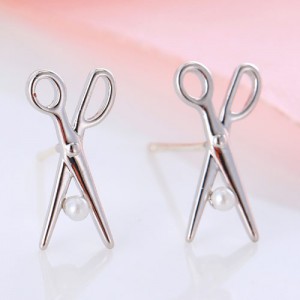 Pearl Inlaid Mini Scissors Design Copper Ear Studs - Silver