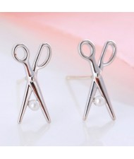 Pearl Inlaid Mini Scissors Design Copper Ear Studs - Silver