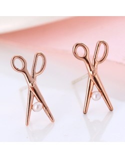 Pearl Inlaid Mini Scissors Design Copper Ear Studs - Coppery