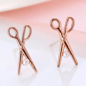 Pearl Inlaid Mini Scissors Design Copper Ear Studs - Coppery