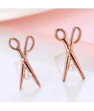 Pearl Inlaid Mini Scissors Design Copper Ear Studs - Coppery