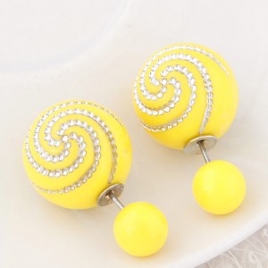 Spiral Pattern Candy Color Balls Fashion Ear Studs - Yellow