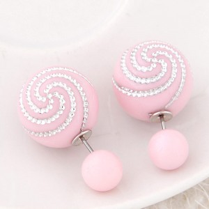 Spiral Pattern Candy Color Balls Fashion Ear Studs - Pink