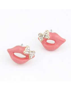 Czech Rhinestone Bowknot Decorated Lips Fashion Ear Studs - Pink