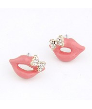 Czech Rhinestone Bowknot Decorated Lips Fashion Ear Studs - Pink