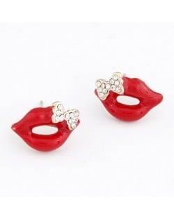 Czech Rhinestone Bowknot Decorated Lips Fashion Ear Studs - Red