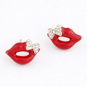 Czech Rhinestone Bowknot Decorated Lips Fashion Ear Studs - Red