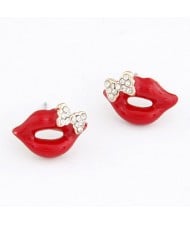 Czech Rhinestone Bowknot Decorated Lips Fashion Ear Studs - Red