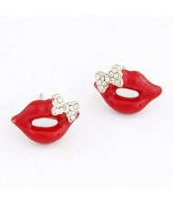 Czech Rhinestone Bowknot Decorated Lips Fashion Ear Studs - Red