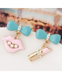 Czech Rhinestone and Pearl Decorated Lips and Lipstick Asymmetric Fashion Ear Studs - Pink