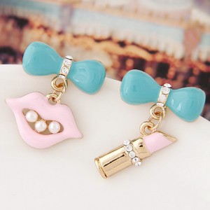 Czech Rhinestone and Pearl Decorated Lips and Lipstick Asymmetric Fashion Ear Studs - Pink